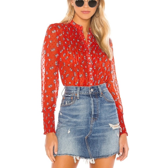 Free People Tops - FP | Red Floral Flowers In December Sheer Floral Blouson Sleeve Popover Blouse
